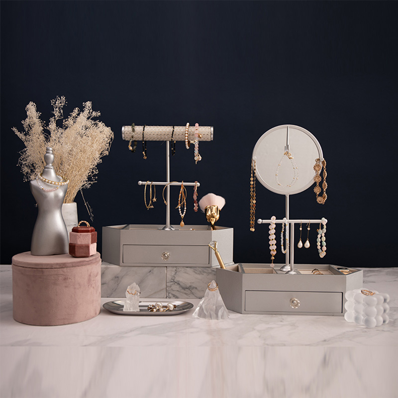 T-vormige sieraden organisator Houten tafelblad cosmetische organisator met ronde spiegel